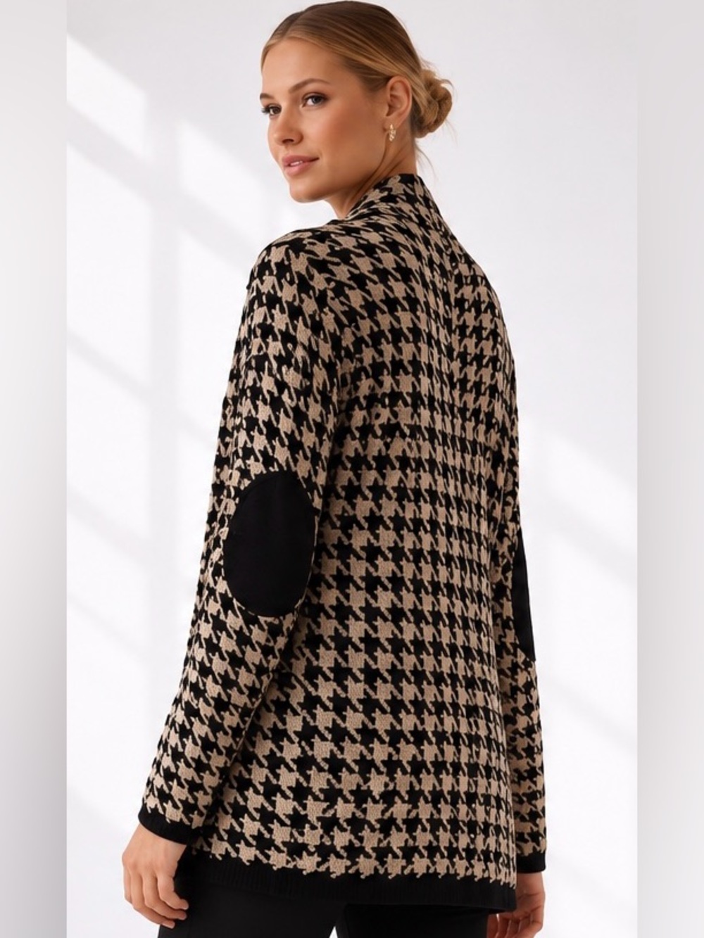 Anthropologie Chic Houndstooth Cardigan Preppy Lagenlook Sweater Elbow Patch, S - Picture 4 of 11